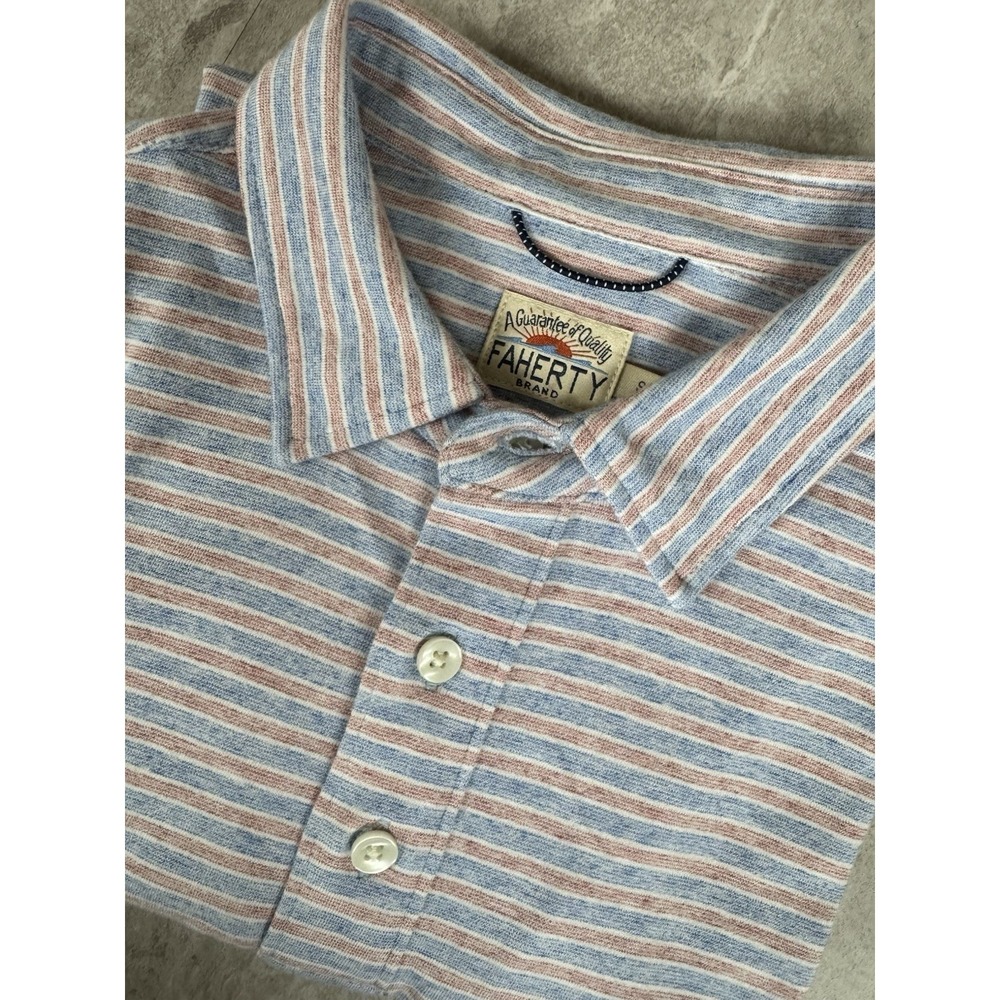 Faherty Striped Short-Sleeve Polo in Light Blue and Red Pima Cotton/Modal S